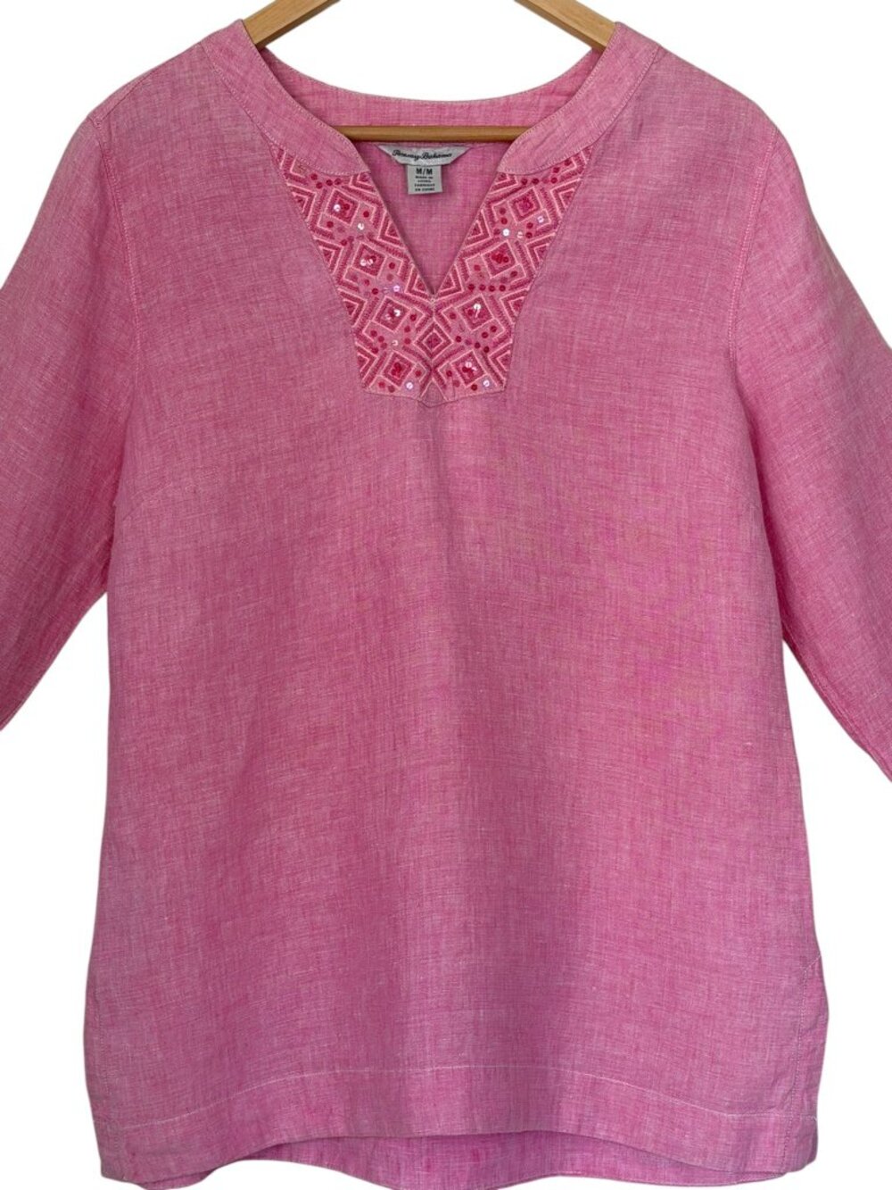 Tommy Bahama 100% Linen Pink Sunset Chambray Embroidered Sequin 3/4 Tunic Top M
